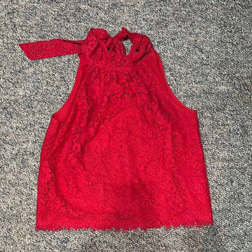 Lace red jcrew tie neck top
